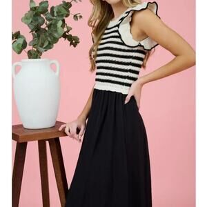 BY THE RIVER | Sophie Stripe Sweater Mixed Media Midi Dress Black Cream | Medoum
